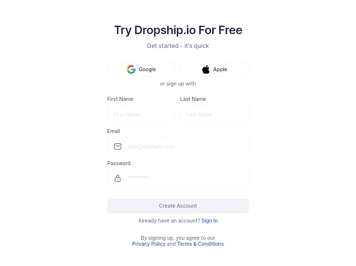 dropship.io registration pages